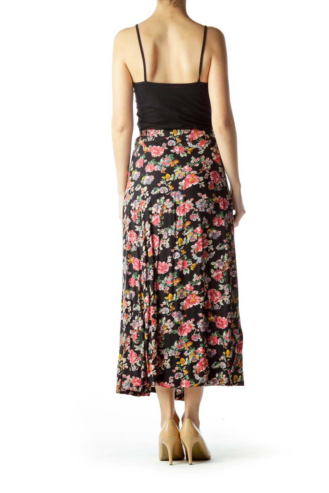 Black Pink Floral Buttoned Maxi Skirt