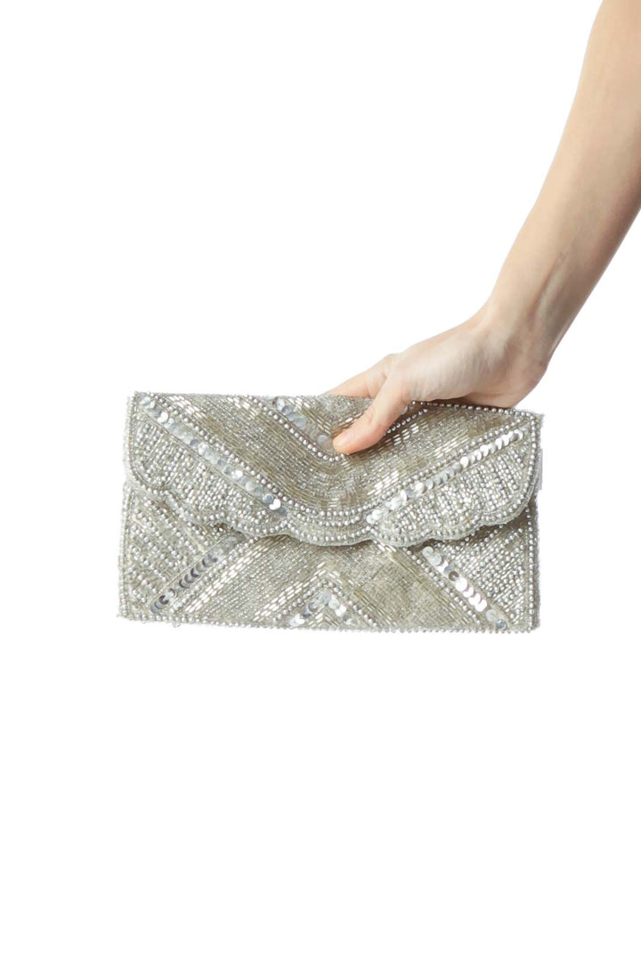 Silver Beaded Scallop Detail Clutch