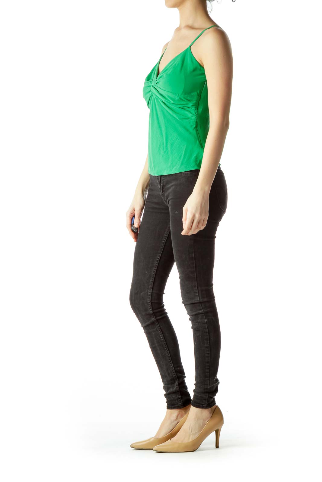 Green Spaghetti Strap Front Knot Blouse