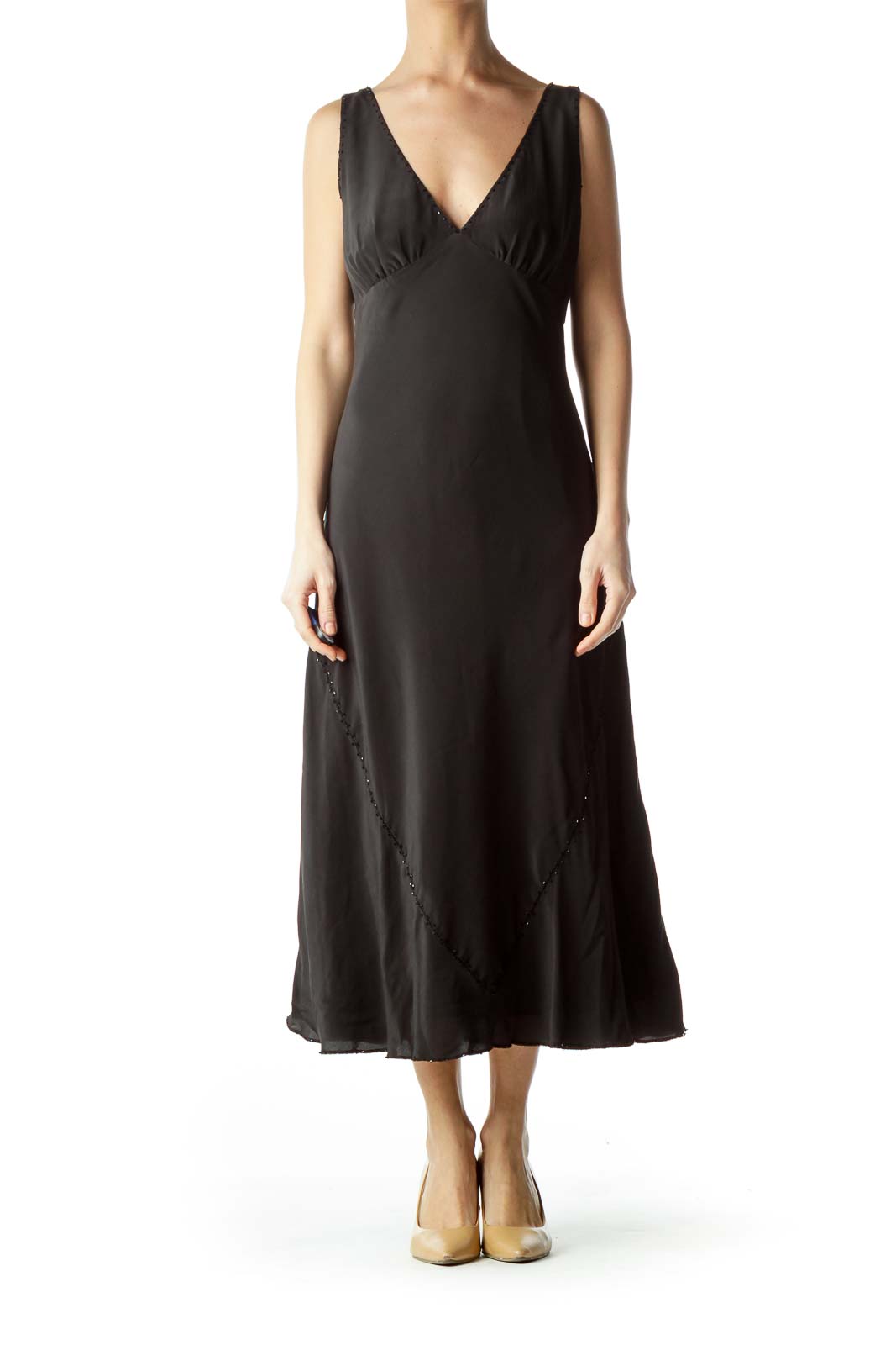 Black Beaded Silk Midi Dress