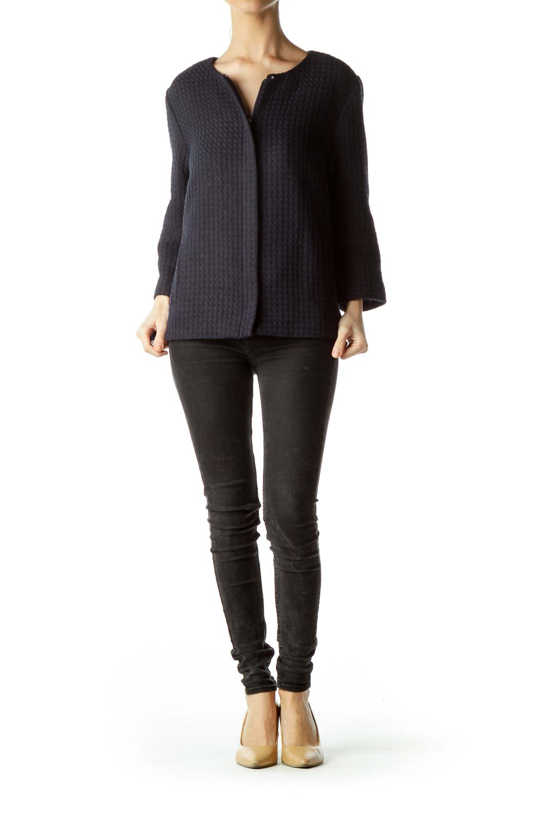 Navy Blue Knit 3/4 Sleeve Blazer