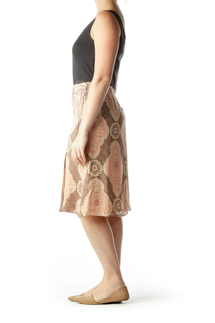 Brown Pink Printed Flare Skirt