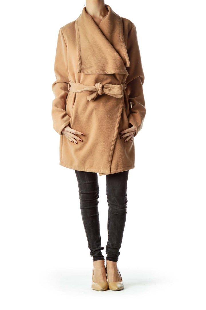 Camel Brown Collared Long Belted Coat