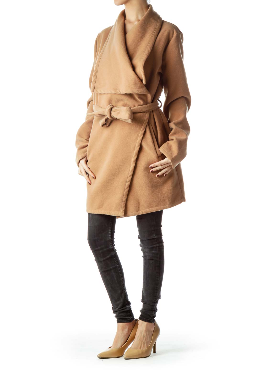 Camel Brown Collared Long Belted Coat