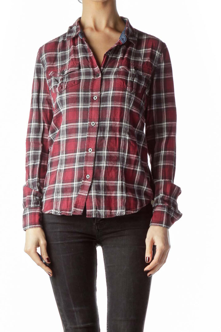 Red Black Cream Plaid Long Sleeve Knit Shirt