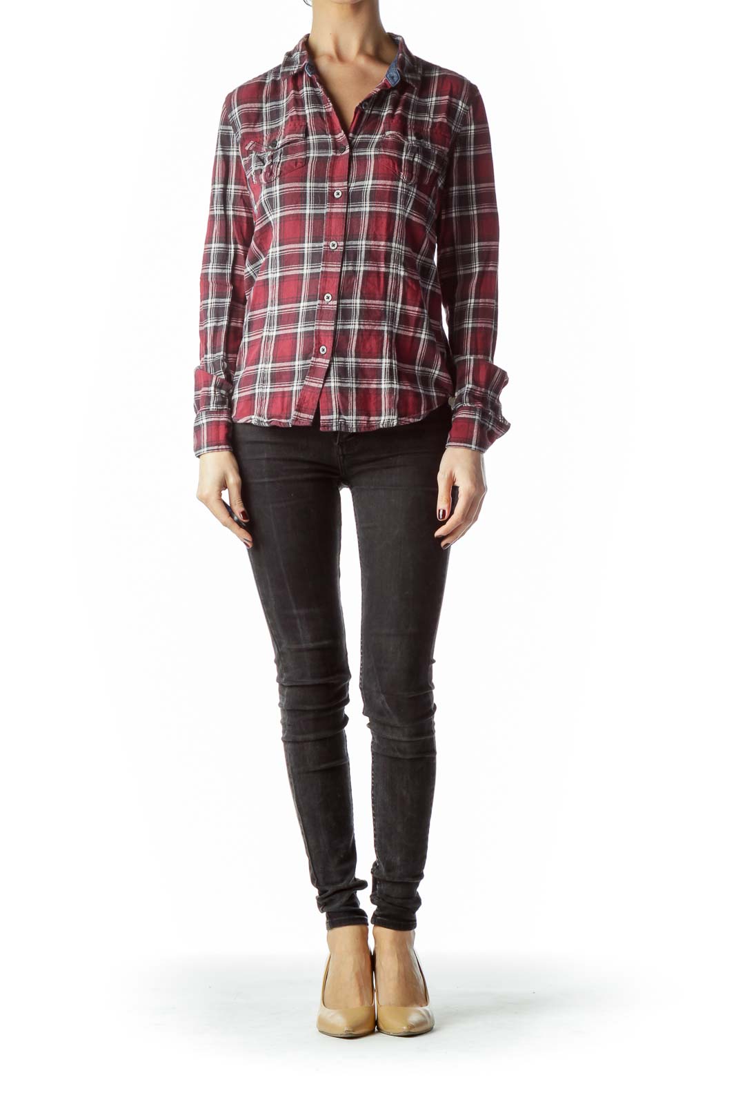 Red Black Cream Plaid Long Sleeve Knit Shirt