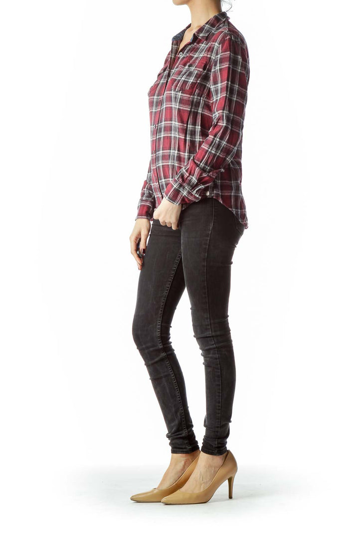 Red Black Cream Plaid Long Sleeve Knit Shirt