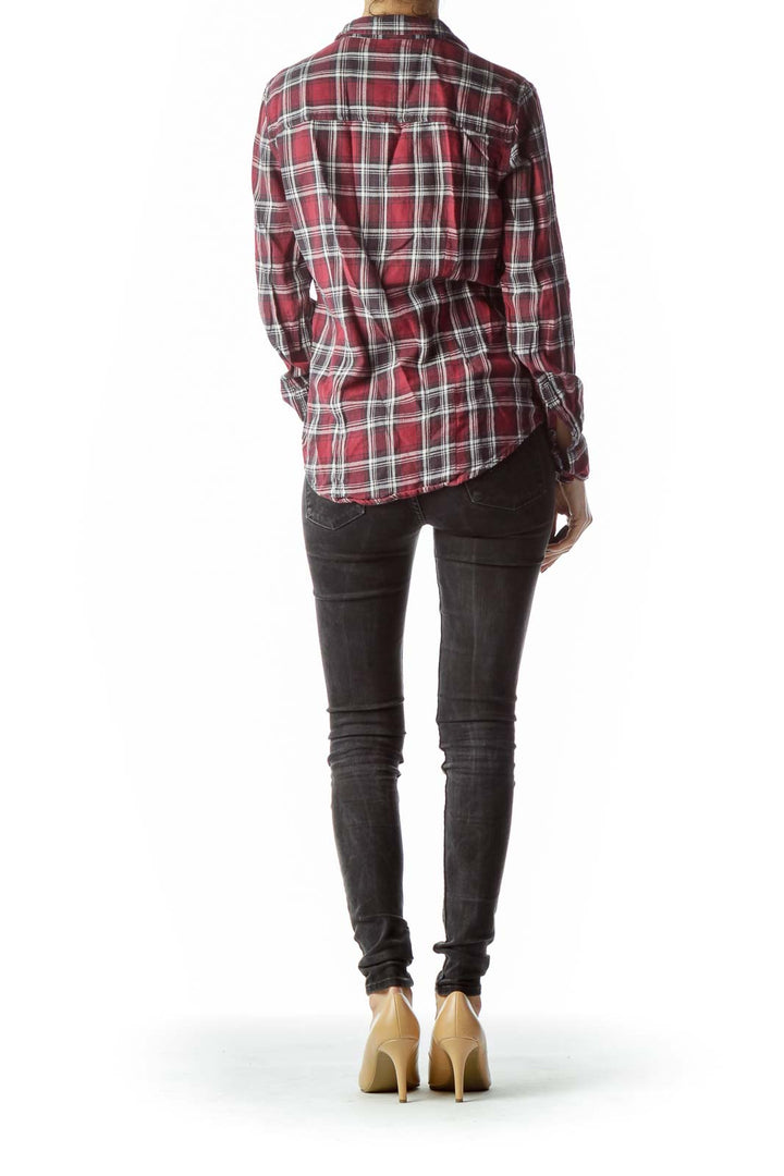 Red Black Cream Plaid Long Sleeve Knit Shirt