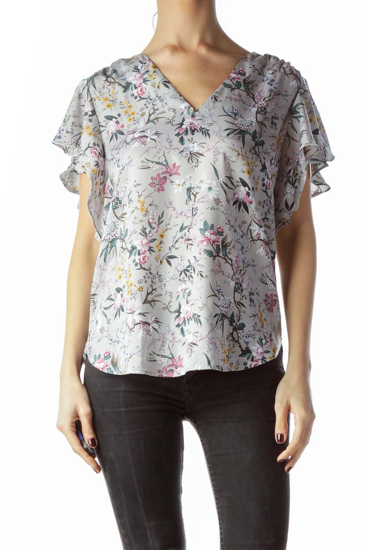 Gray Floral Print Flared Short Sleeves Blouse