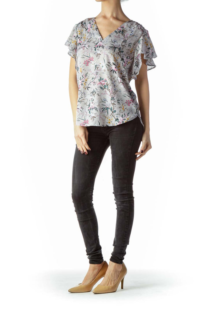 Gray Floral Print Flared Short Sleeves Blouse