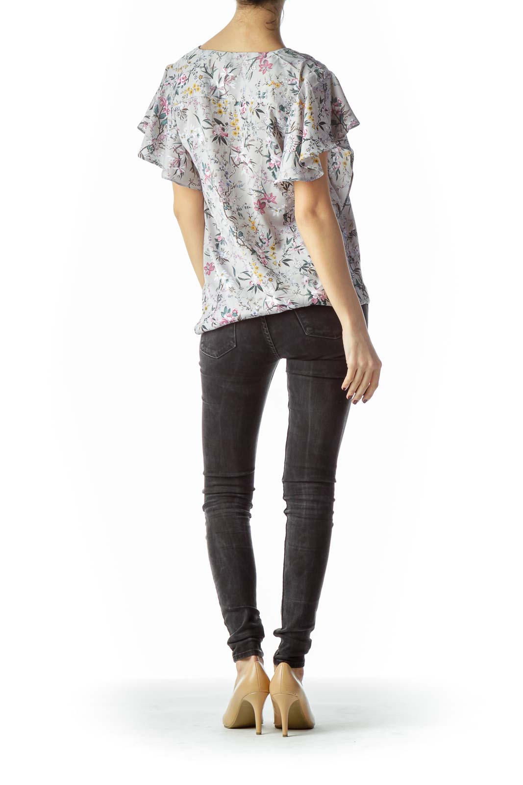 Gray Floral Print Flared Short Sleeves Blouse