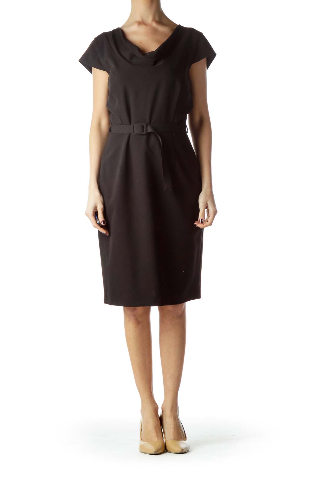 Black Cap Sleeves Belted Work Dress