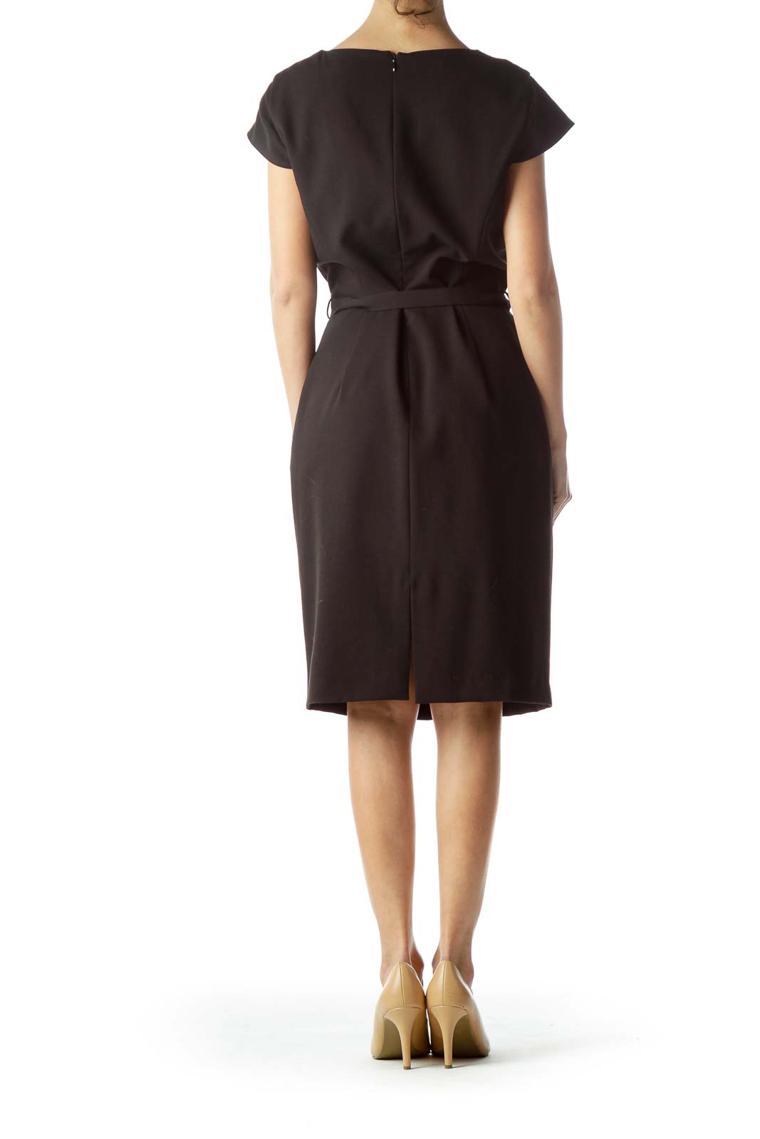 Black Cap Sleeves Belted Work Dress