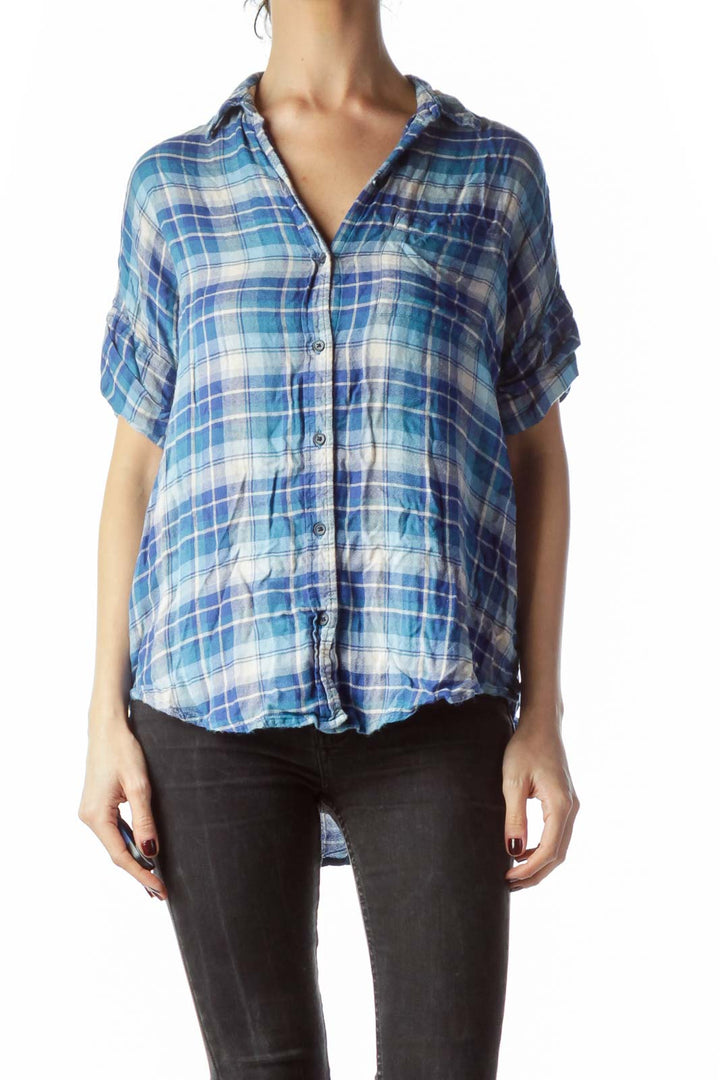 Blue Plaid Short Cuffed Sleeves Shirt