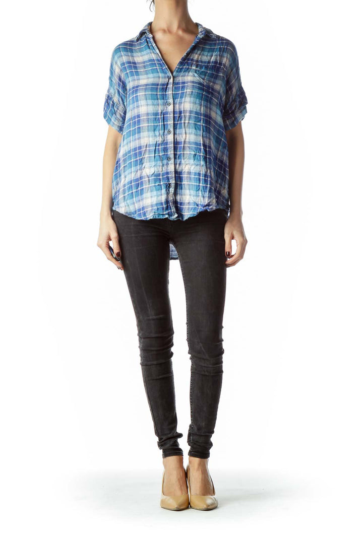 Blue Plaid Short Cuffed Sleeves Shirt