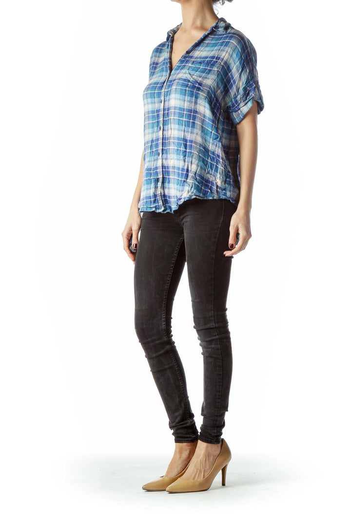 Blue Plaid Short Cuffed Sleeves Shirt