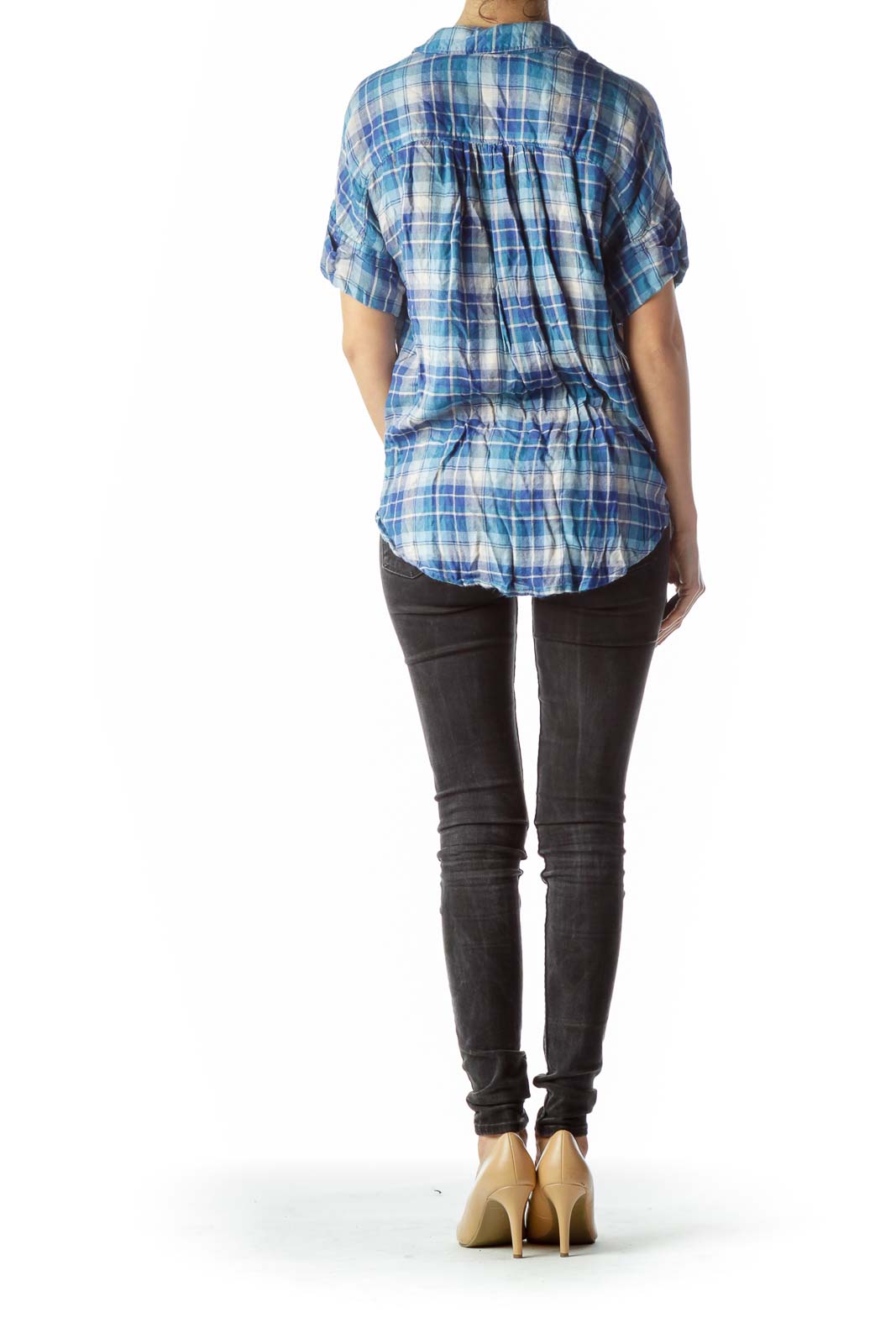 Blue Plaid Short Cuffed Sleeves Shirt