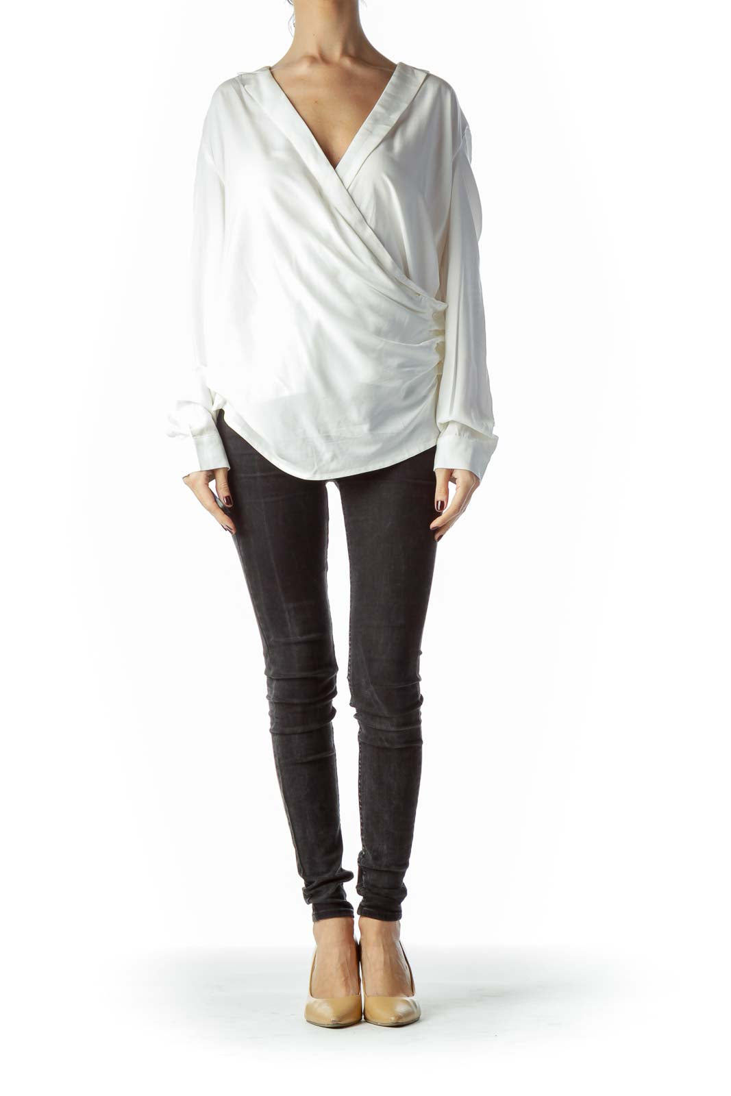 Off-White Open Front Buttoned V-Neck Top