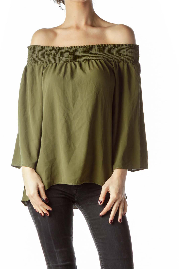 Army Green Cold Shoulder 3/4 Sleeve Blouse