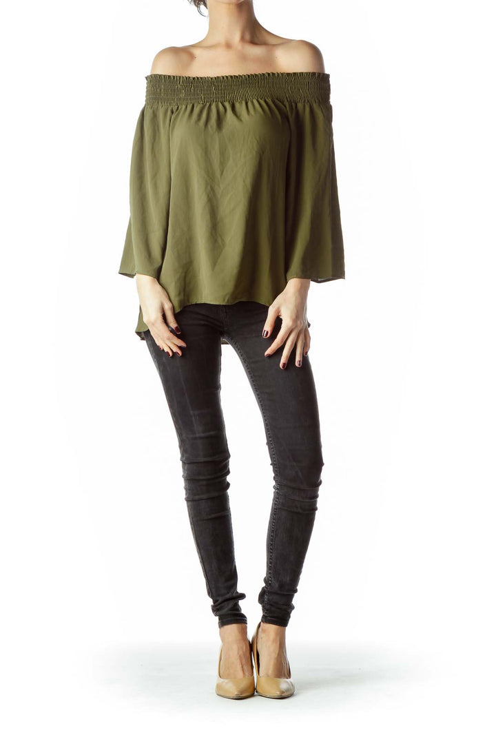 Army Green Cold Shoulder 3/4 Sleeve Blouse