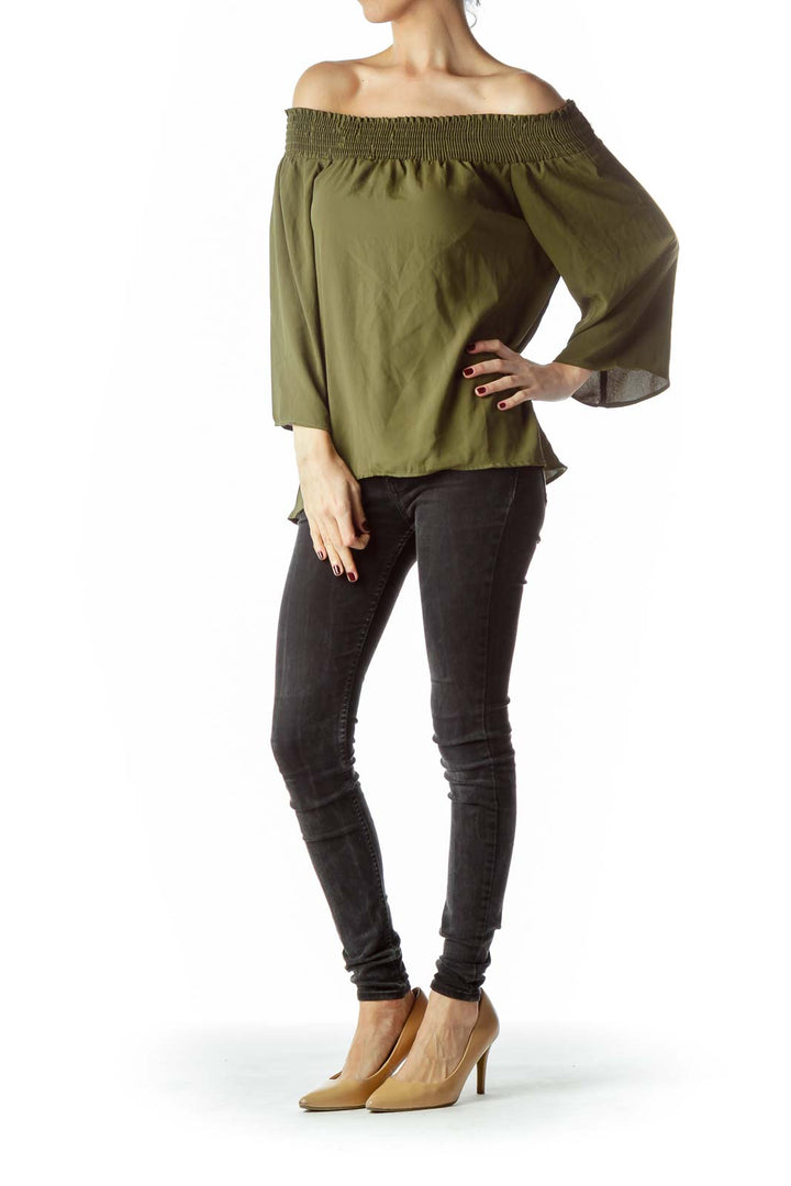 Army Green Cold Shoulder 3/4 Sleeve Blouse