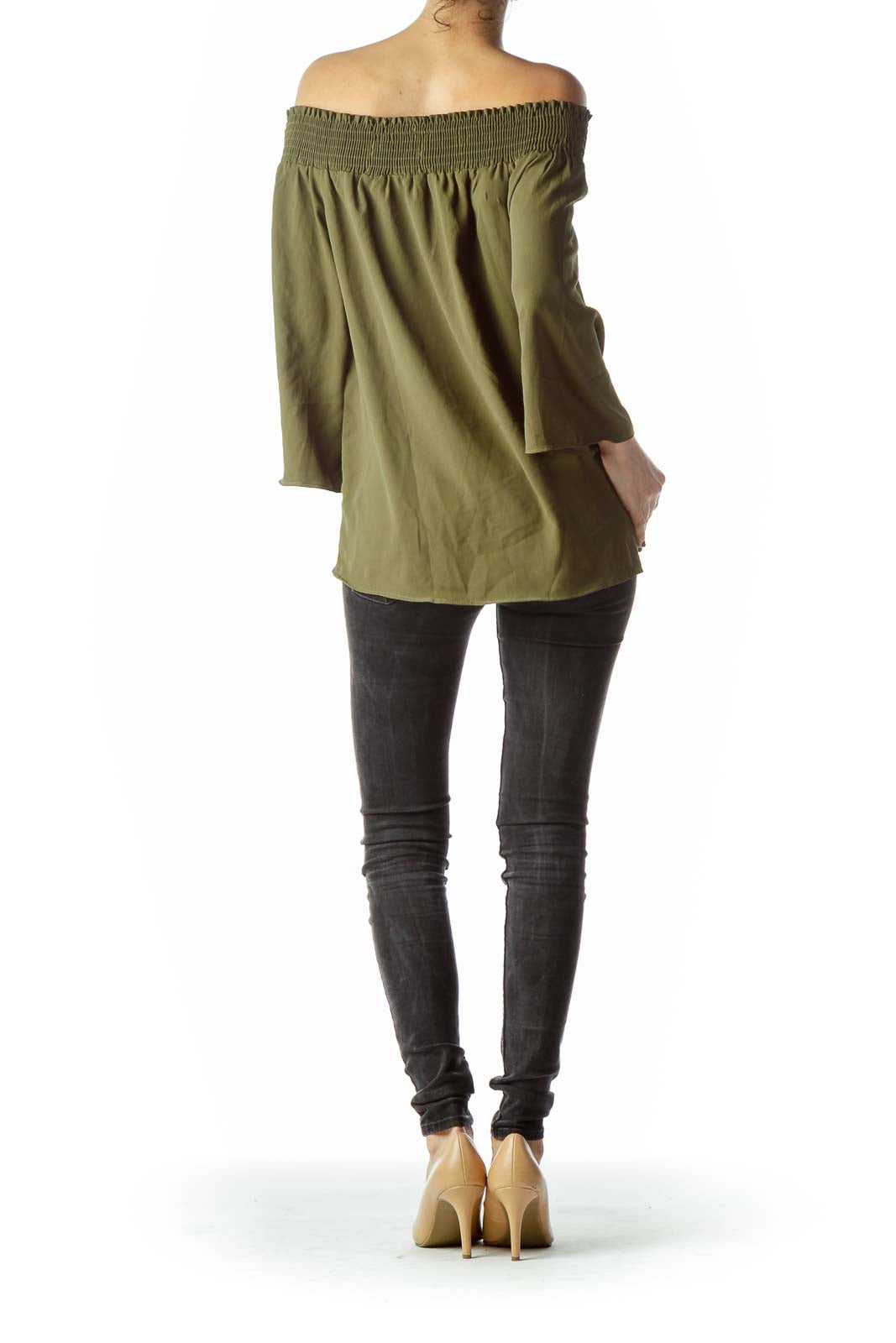 Army Green Cold Shoulder 3/4 Sleeve Blouse