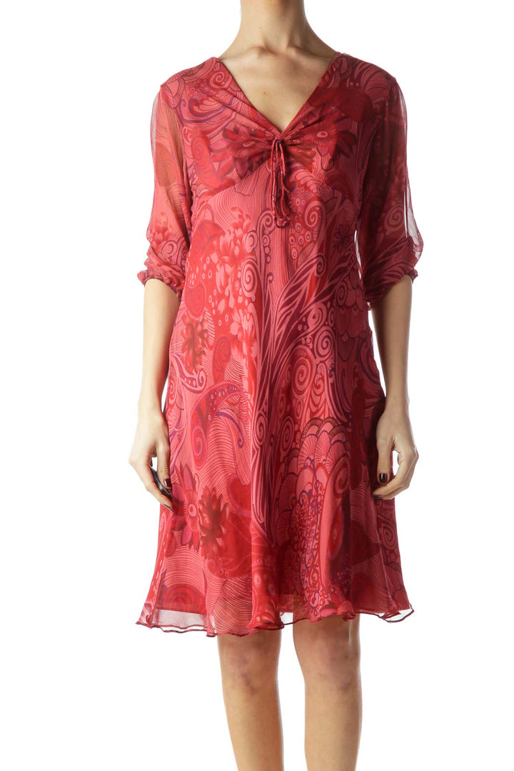 Red Printed V-Neck Silk Dress