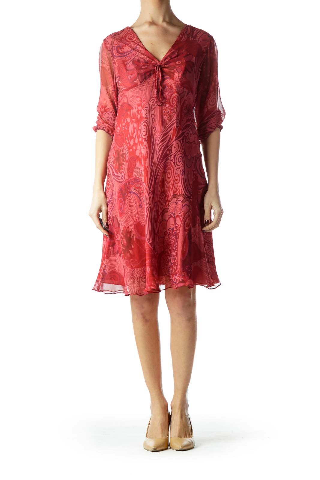 Red Printed V-Neck Silk Dress