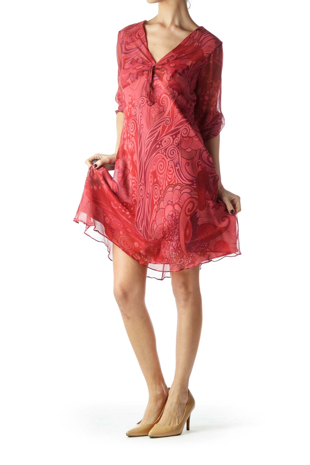 Red Printed V-Neck Silk Dress