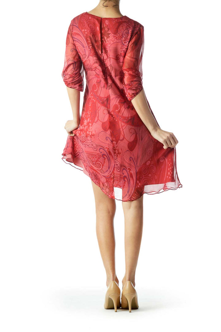 Red Printed V-Neck Silk Dress