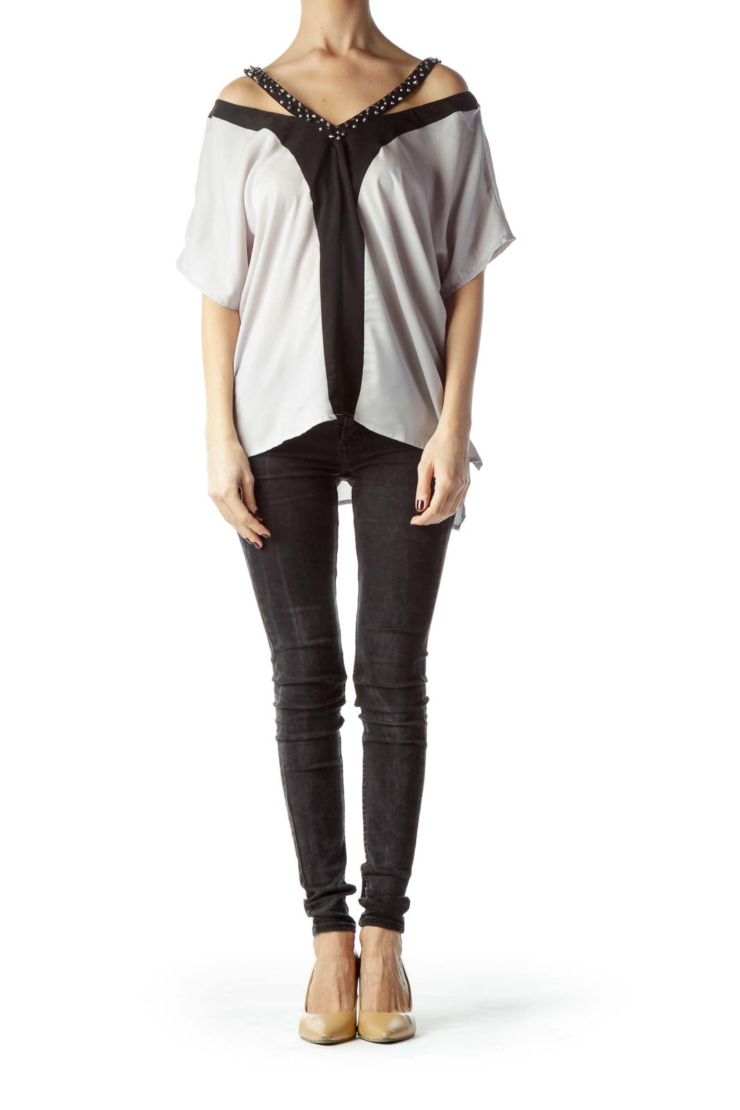 Gray Black Color Block Embellished Neck Top