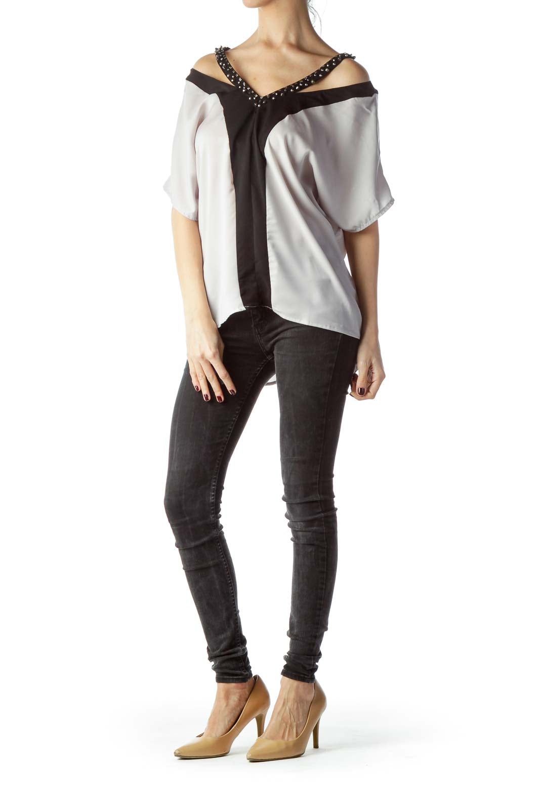 Gray Black Color Block Embellished Neck Top