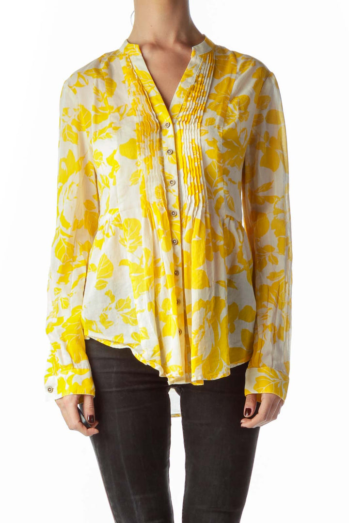 Yellow Floral Print 100% Cotton See-Through Blouse