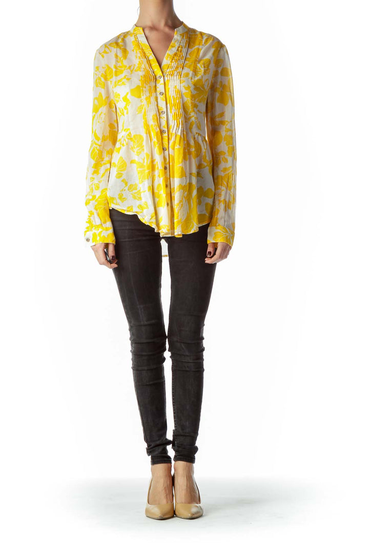 Yellow Floral Print 100% Cotton See-Through Blouse