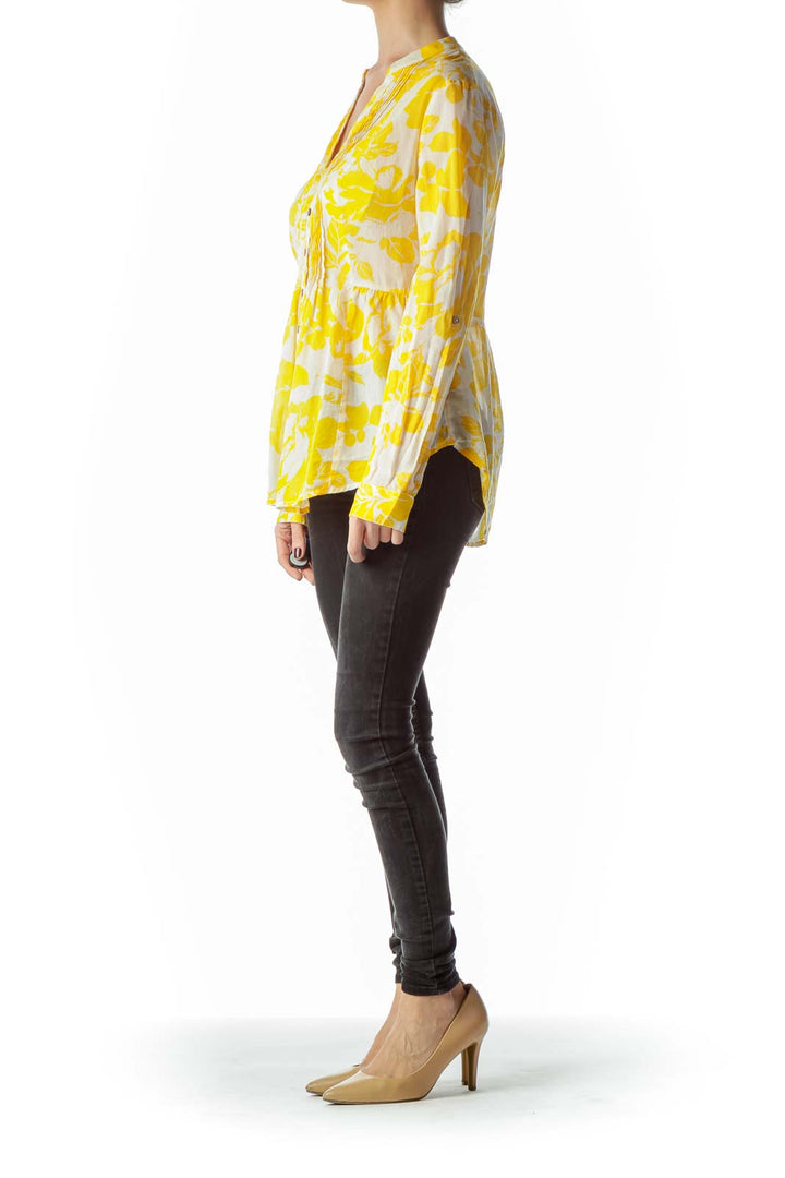 Yellow Floral Print 100% Cotton See-Through Blouse