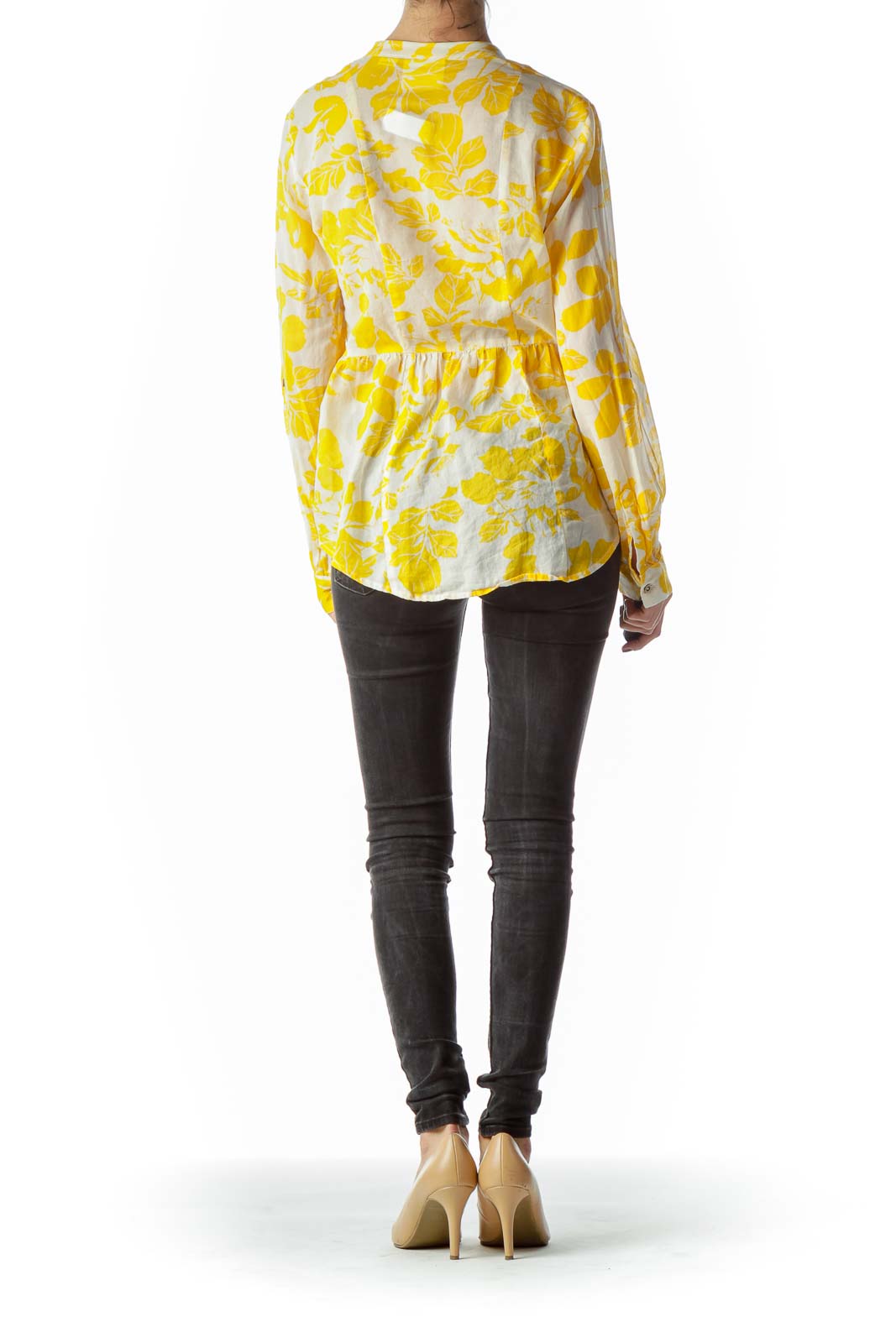 Yellow Floral Print 100% Cotton See-Through Blouse