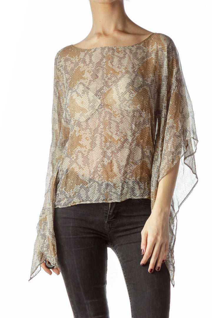 Brown Gray Snakeskin Print 100% Silk Top