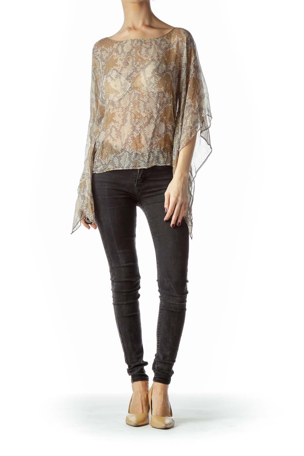 Brown Gray Snakeskin Print 100% Silk Top