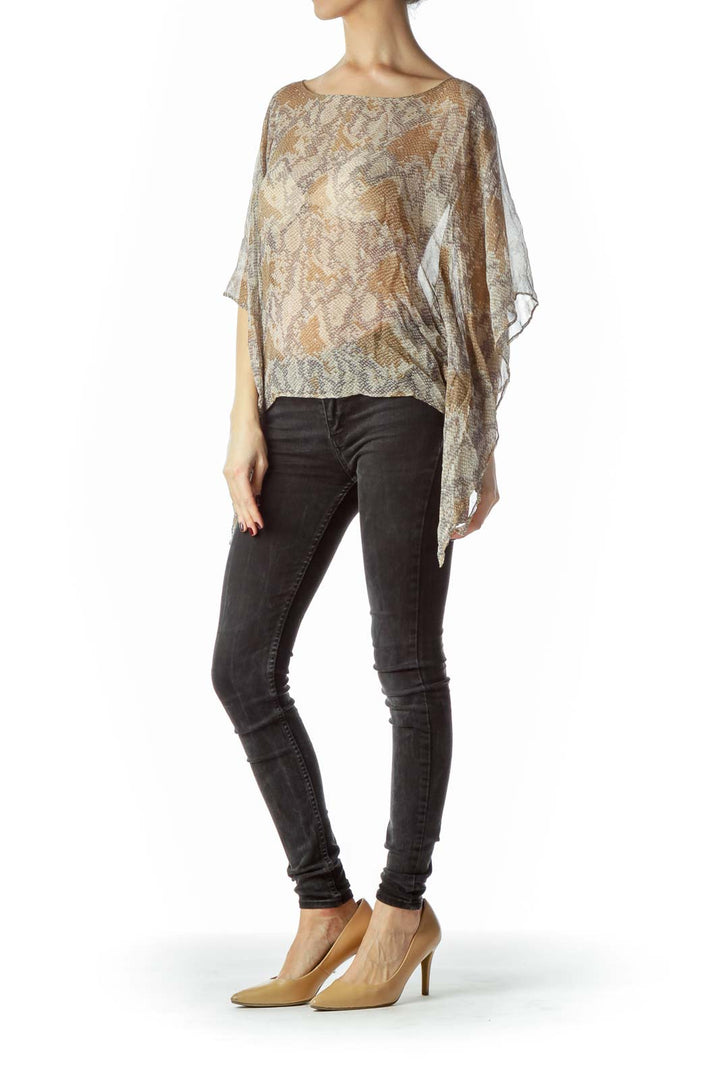 Brown Gray Snakeskin Print 100% Silk Top