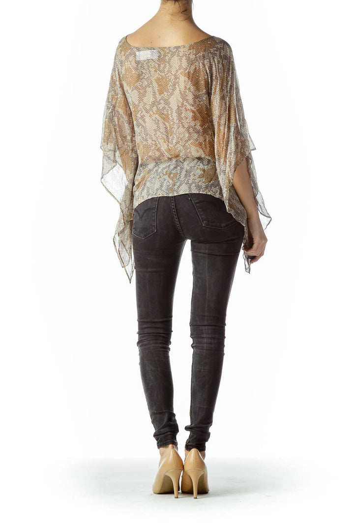 Brown Gray Snakeskin Print 100% Silk Top