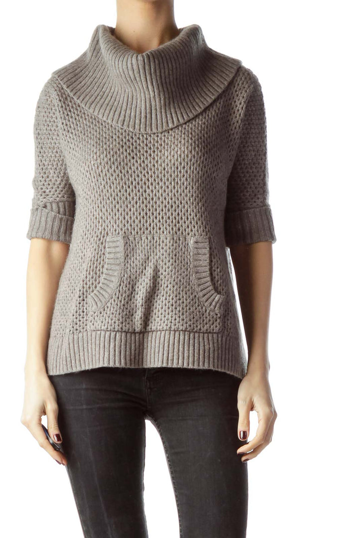 Gray Front Pocket Cowl Neck Knit Top