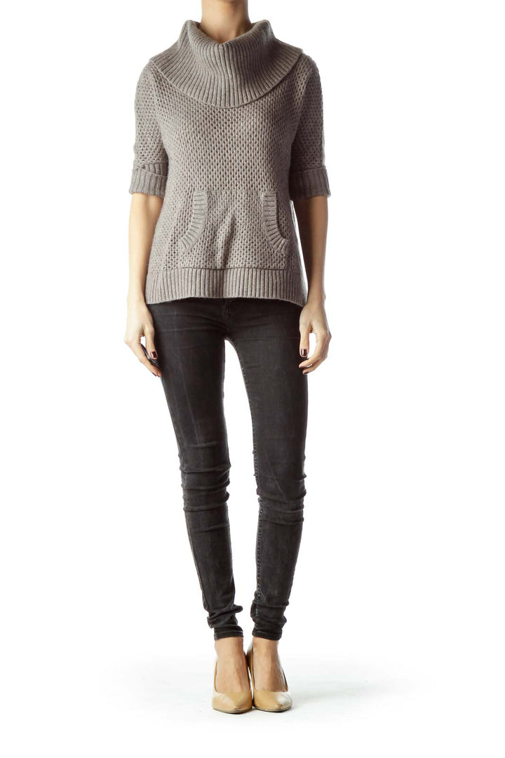 Gray Front Pocket Cowl Neck Knit Top