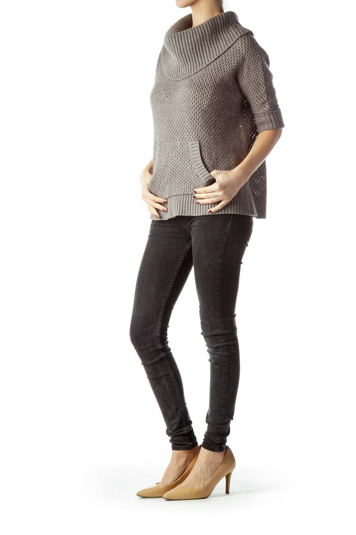 Gray Front Pocket Cowl Neck Knit Top