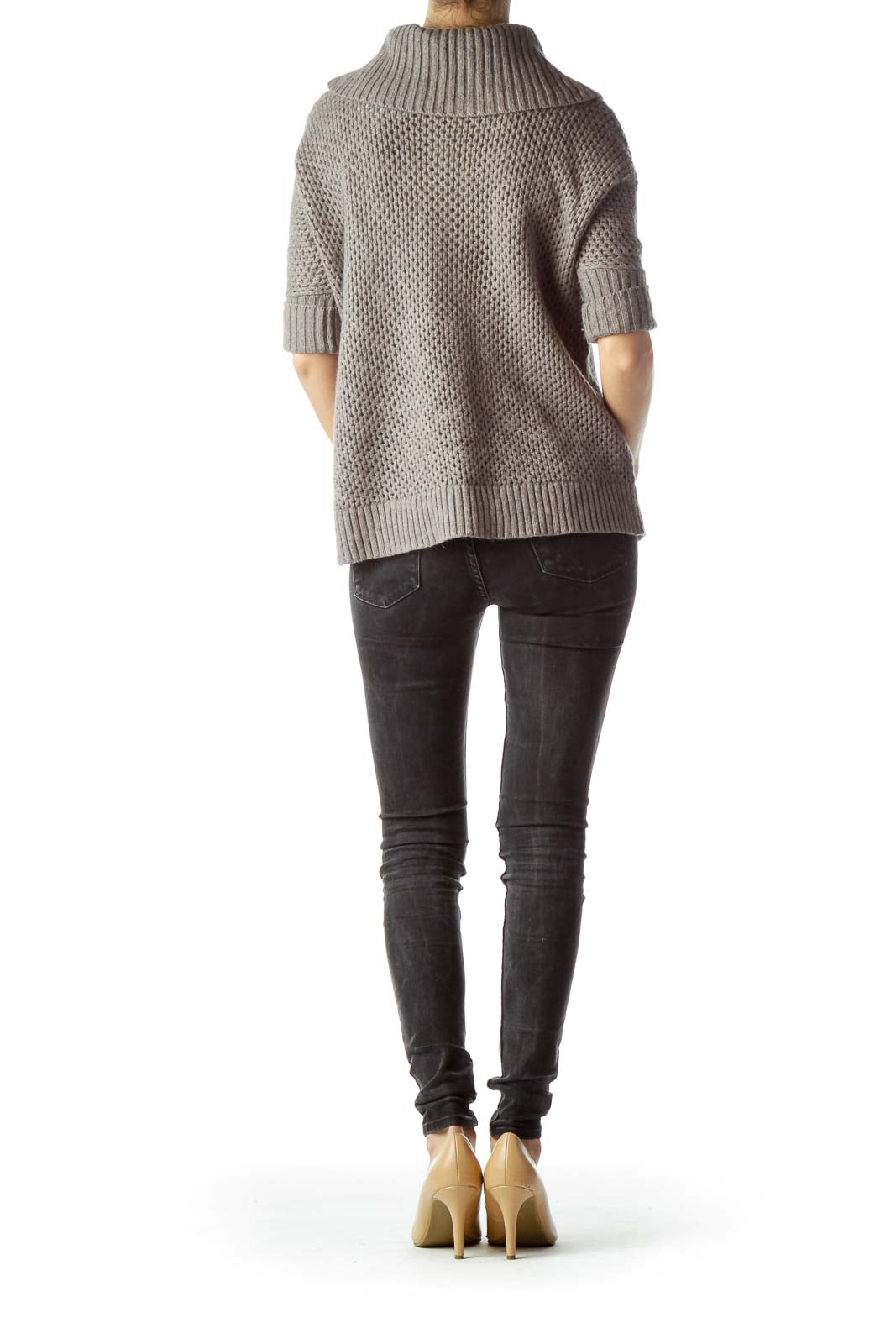 Gray Front Pocket Cowl Neck Knit Top