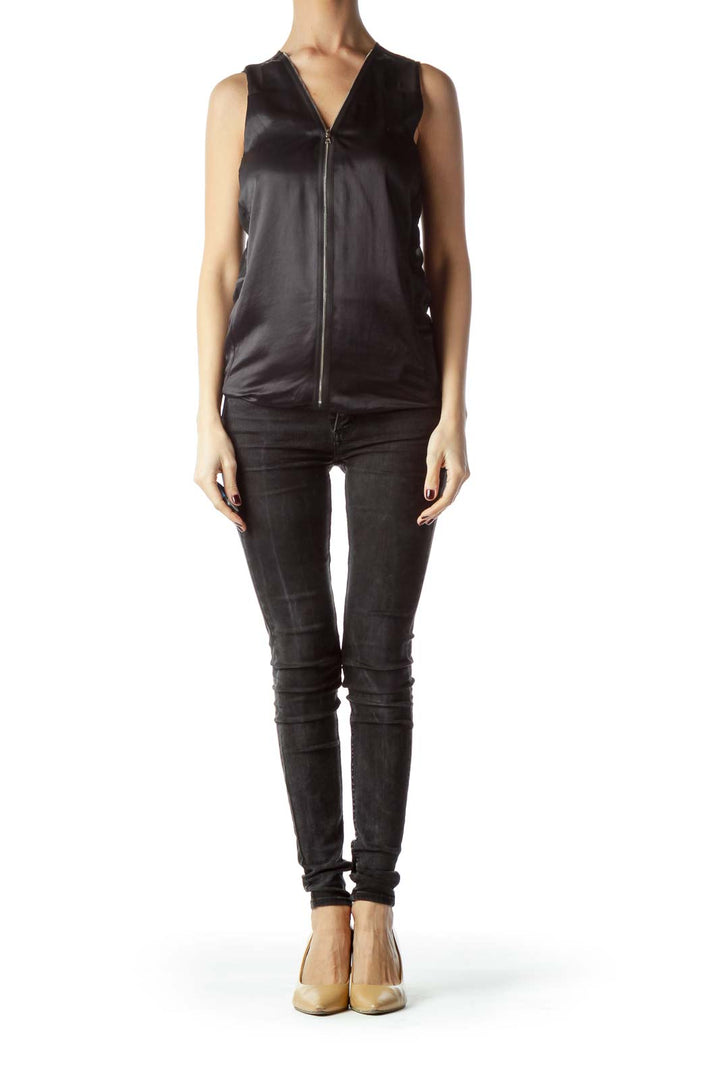 Black Zippered Up Front Sleeveless Top