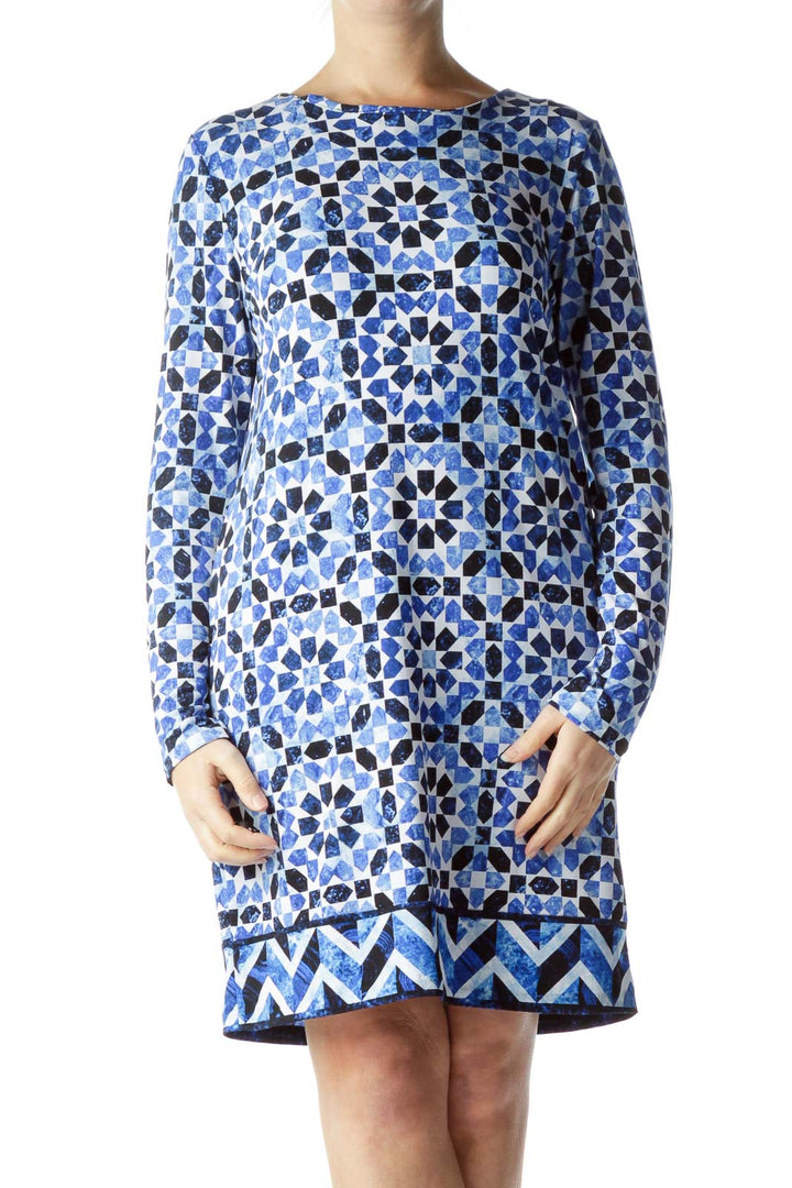 Blue White Print Long Sleeve Dress