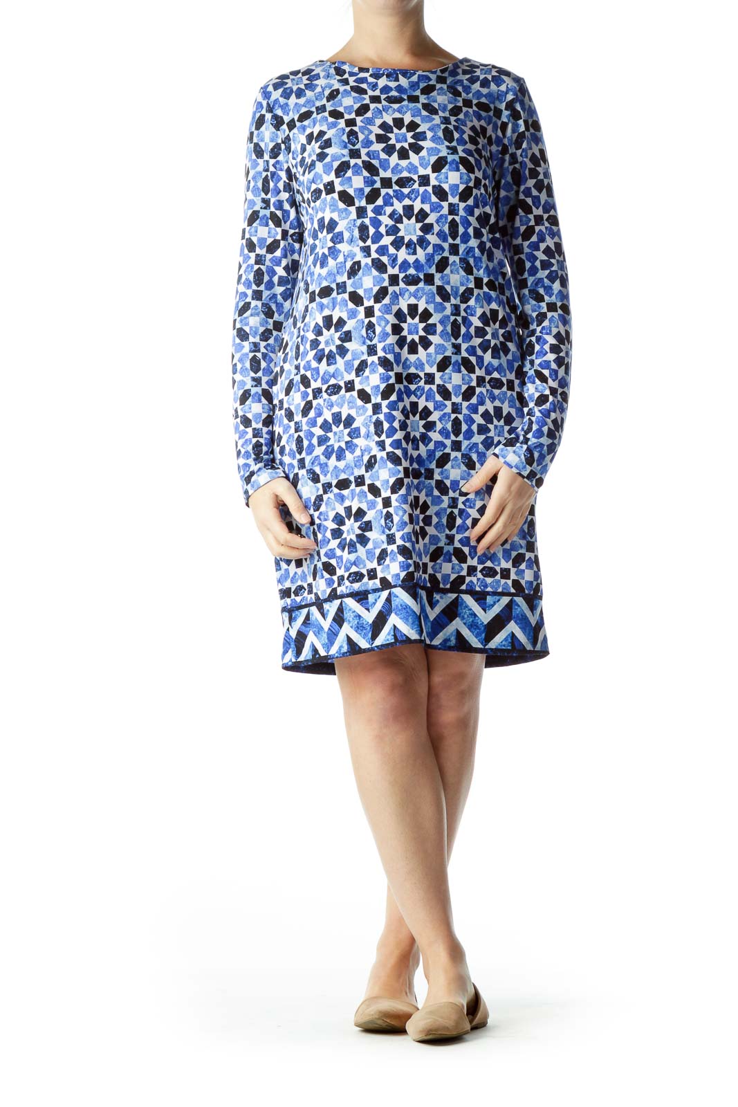 Blue White Print Long Sleeve Dress