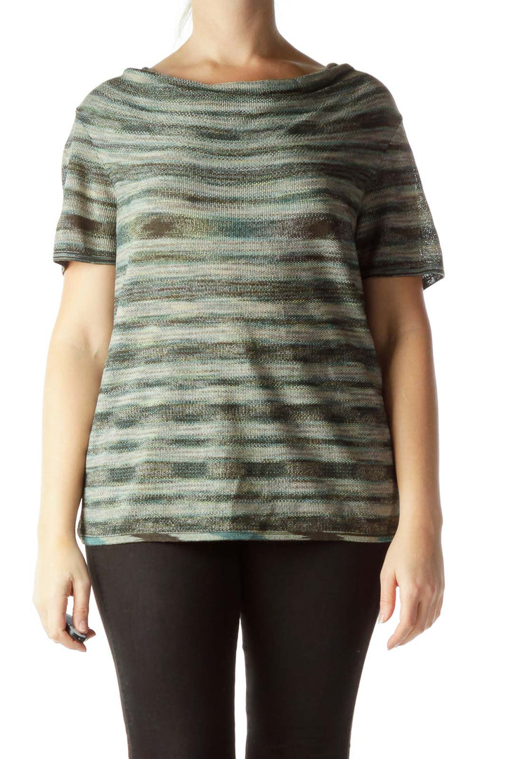 Green Print Cowl Neck Short Sleeve Knit Top