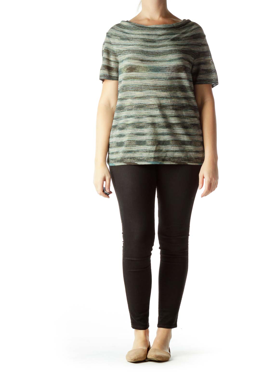 Green Print Cowl Neck Short Sleeve Knit Top