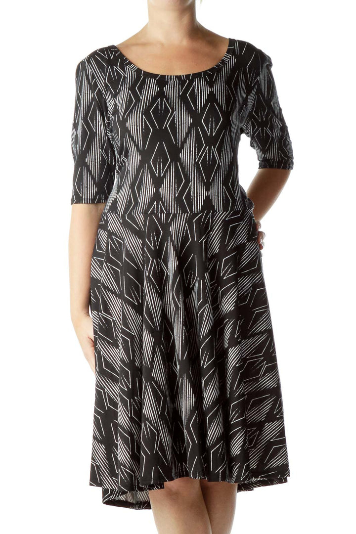 Black White Printed Round Neck Jersey Dress